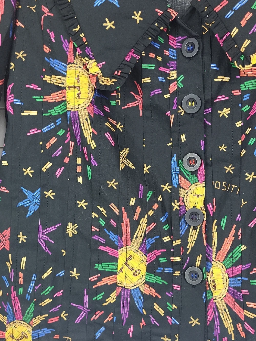 FARM Rio Rainbow Sun Blouse with Colorful Starburst blouse, 3/4 sleeve. Size XS